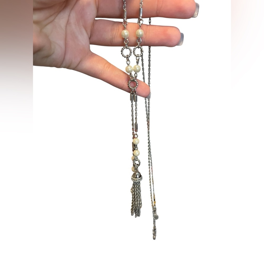 Talbots Silver and Pearl Tassel Necklace